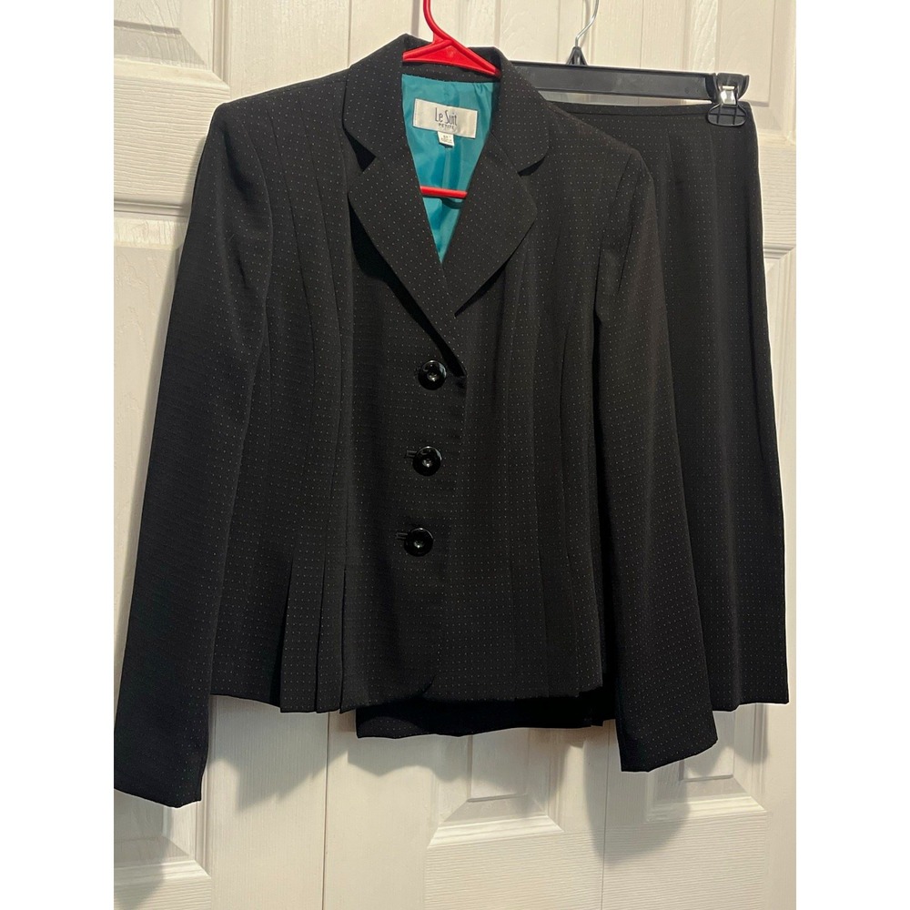 VTG Le Suit Petite 2-Piece Black & Teal Dot Skirt Suit Set Size 6P Dark Academia